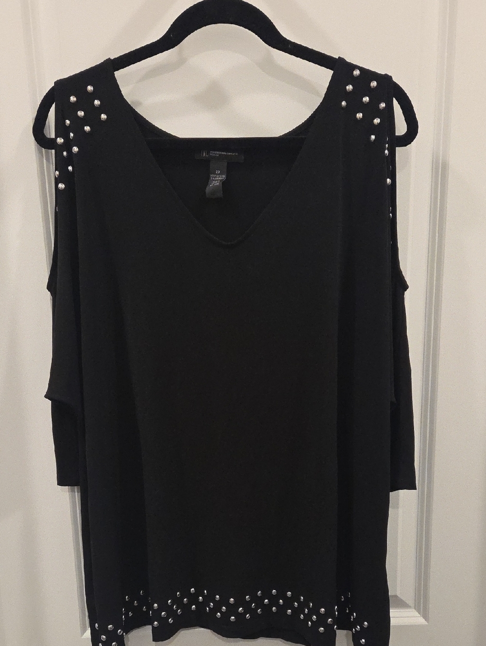 INC International Concepts Black Studded Cold Shoulder Knit Top, 2X